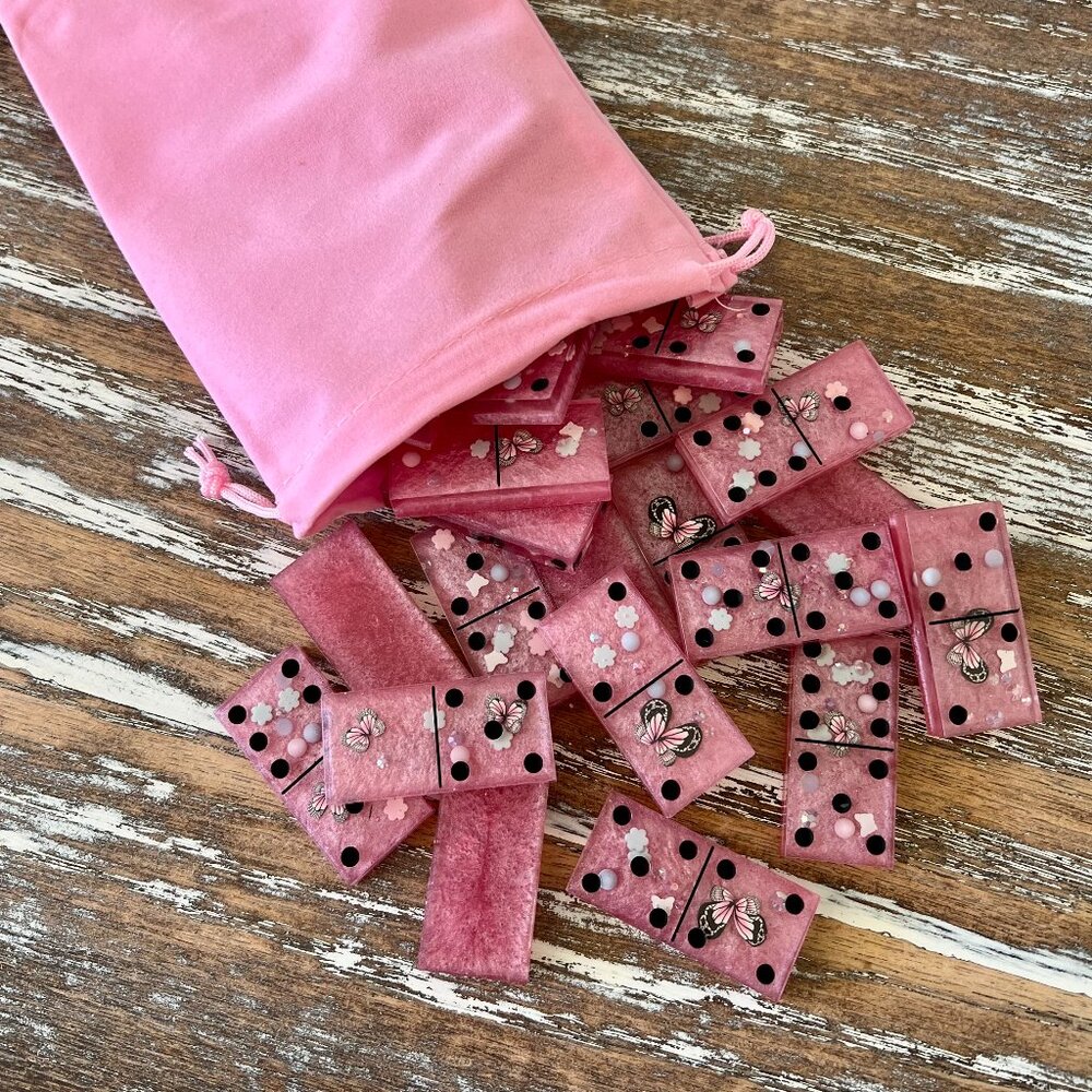 Butterfly Pink Resin Dominoes Game with Velvet Bag 28 pieces Glitter Handmade